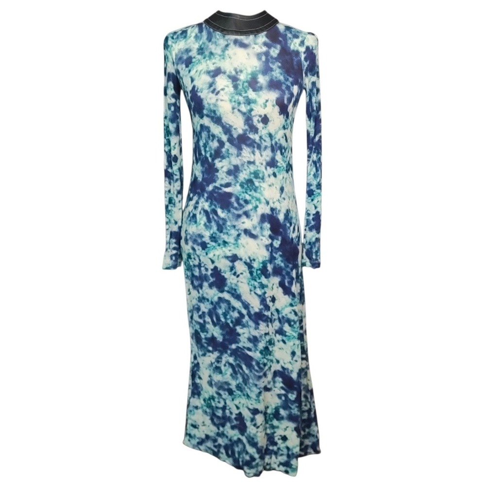 Yigal Azrouel Midi Dress Blue Tie Dye Long Sleeve Made in NYC Sleek Artistic S